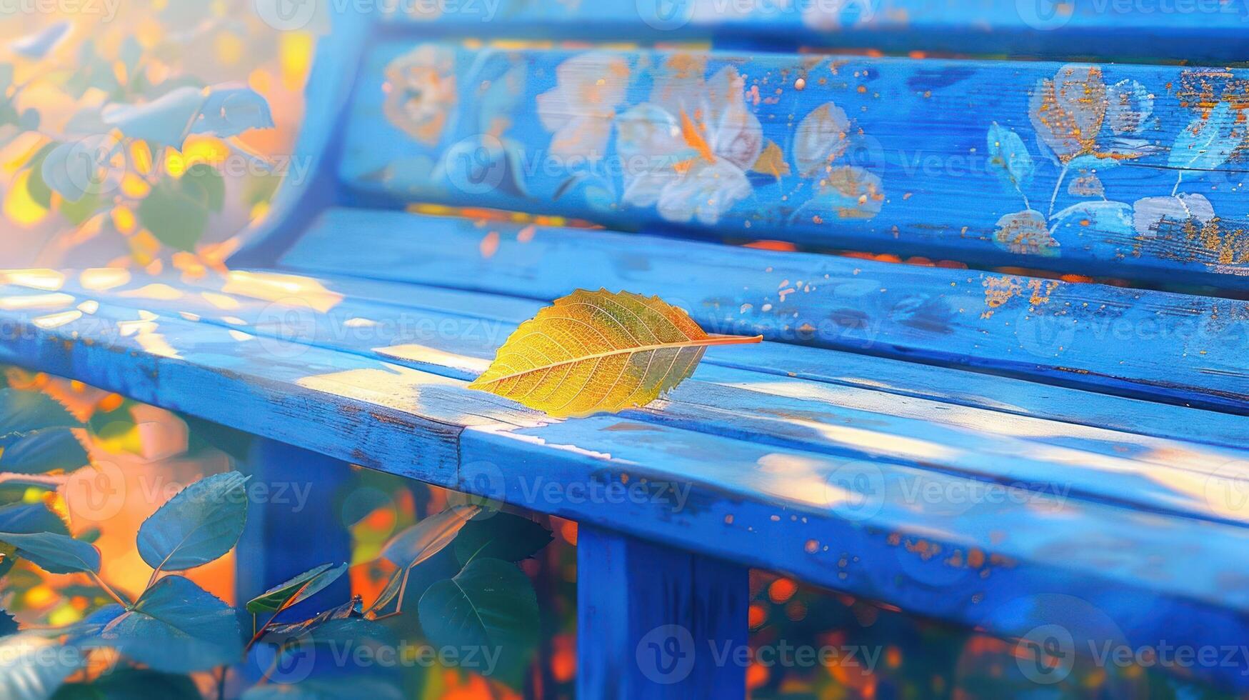 A vibrant autumn scene featuring a yellow leaf resting on a colorful blue bench in a sunny garden photo
