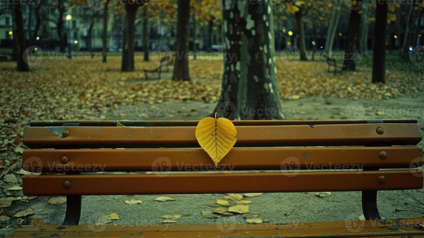 A solitary yellow leaf rests on a park bench amidst a serene autumn landscape photo