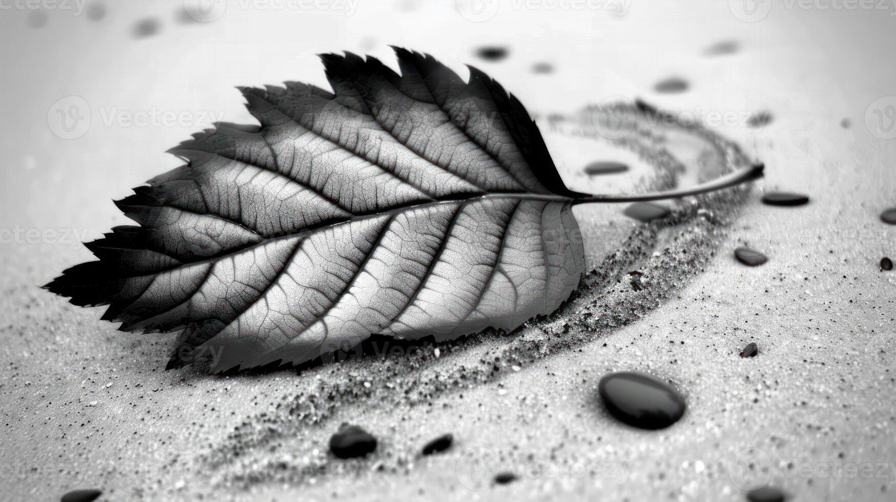 Black and white close-up of a leaf resting on sand with pebbles, evoking nature's tranquility photo