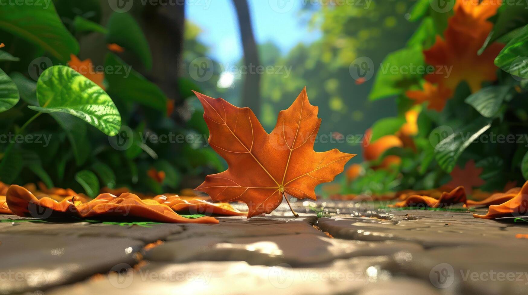 Vibrant autumn leaves scattered on a sunlit path in a serene forest setting photo