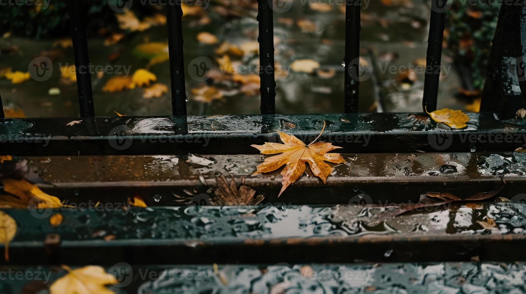 Autumn leaves resting on a wet metal railing in a tranquil park setting after rain photo