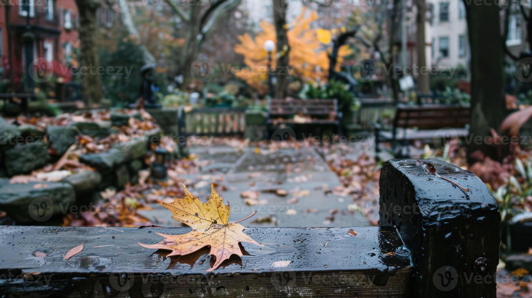 A vibrant autumn scene in a park with fallen leaves on a wet bench and colorful trees photo