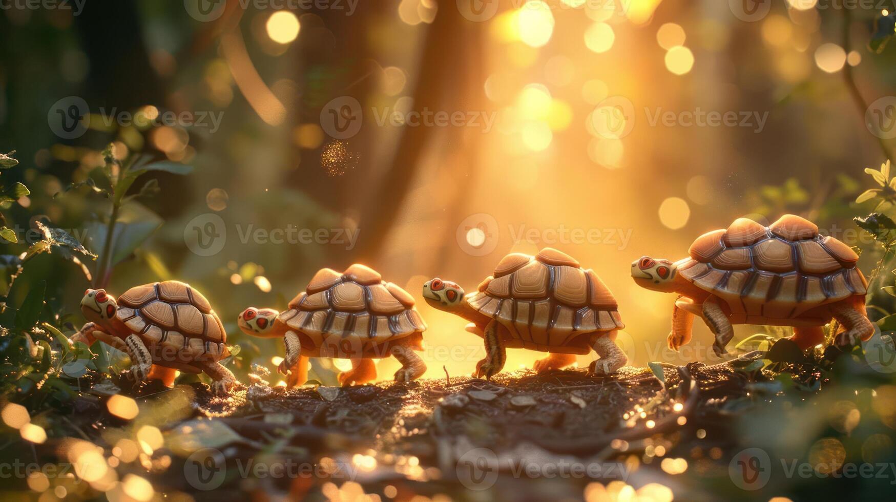Four adorable turtles walking along a forest path, illuminated by soft golden sunlight photo