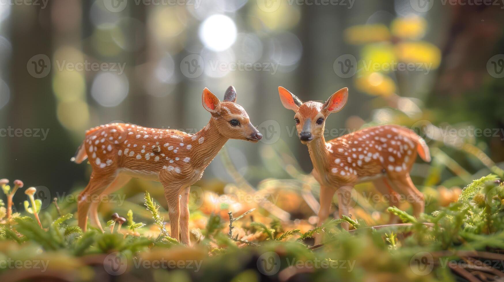 Two realistic deer figurines interacting playfully in a lush forest setting with soft sunlight filtering through trees photo