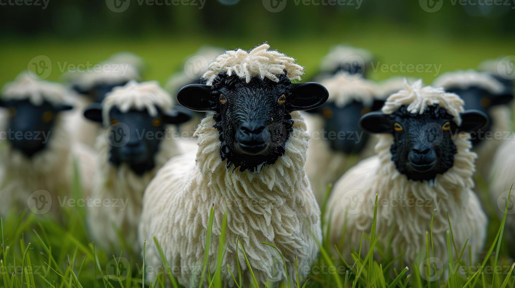 A herd of sheep with distinctive black faces grazing in a lush green meadow under a clear sky photo