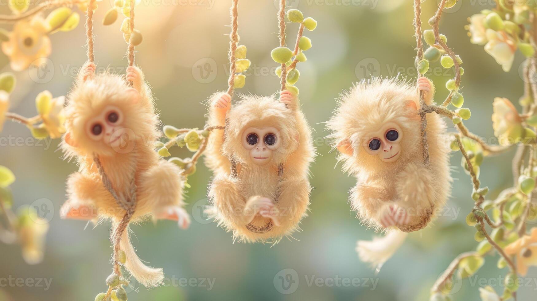 Three adorable plush monkeys hanging on swings among soft greenery in a sunlit garden photo