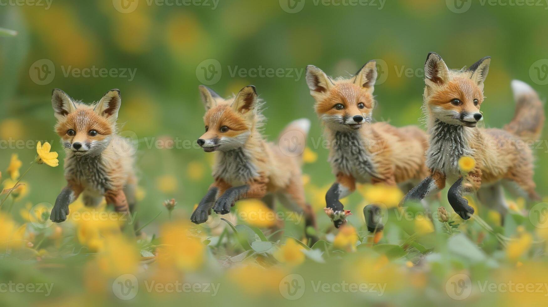 Playful fox figurines running through a vibrant flower field, showcasing nature's beauty photo