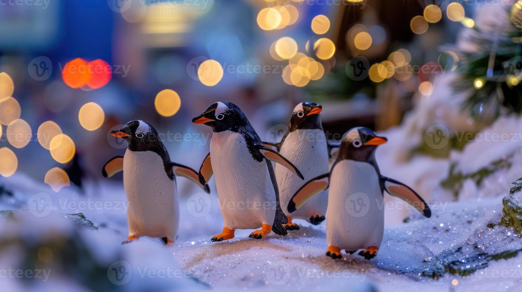 Four playful penguin figurines standing in a snowy landscape with colorful bokeh lights in the background photo