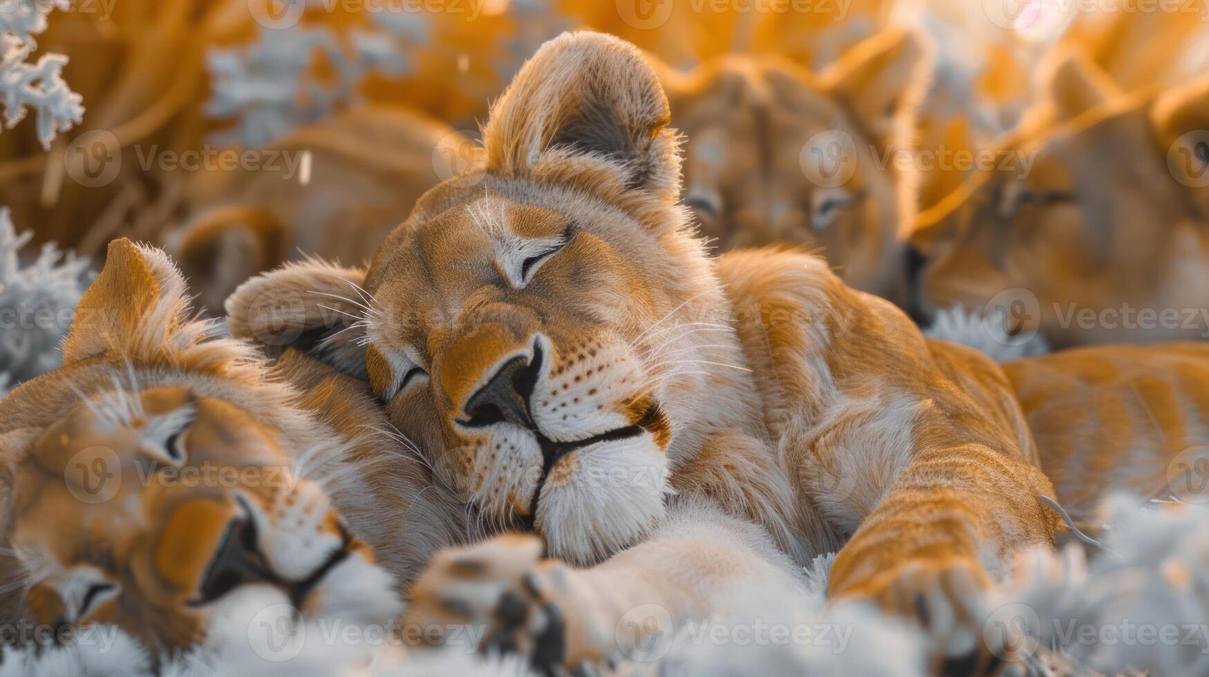 Four lions peacefully sleeping in a sunlit savannah, surrounded by soft grass and foliage photo