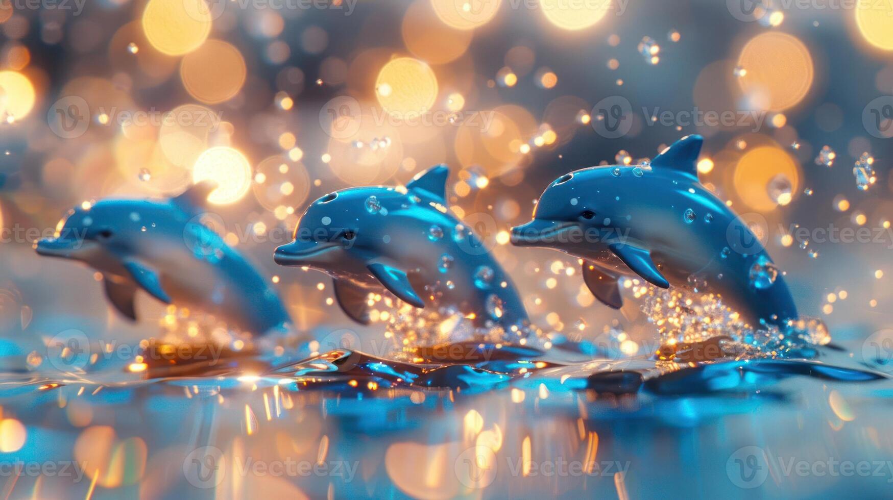 Three playful dolphins leap gracefully from shimmering water, surrounded by a bokeh of light photo