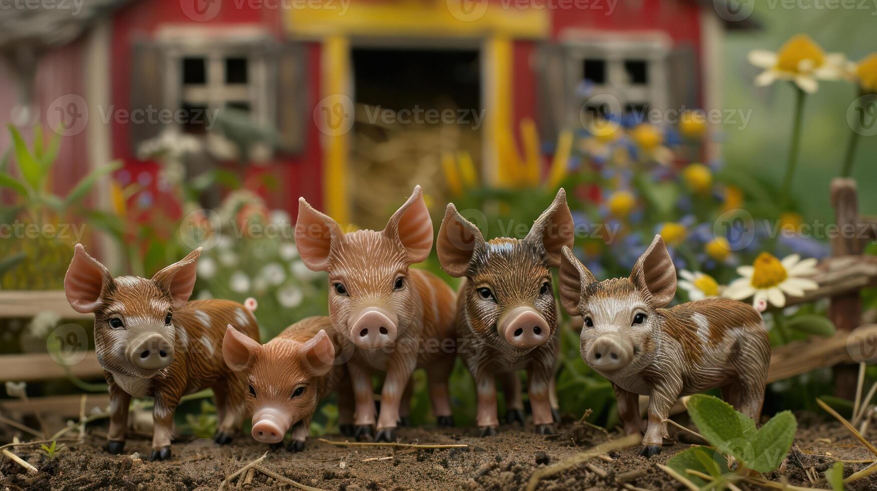 Five adorable piglets playfully gathered in a vibrant farm setting with flowers and a barn photo