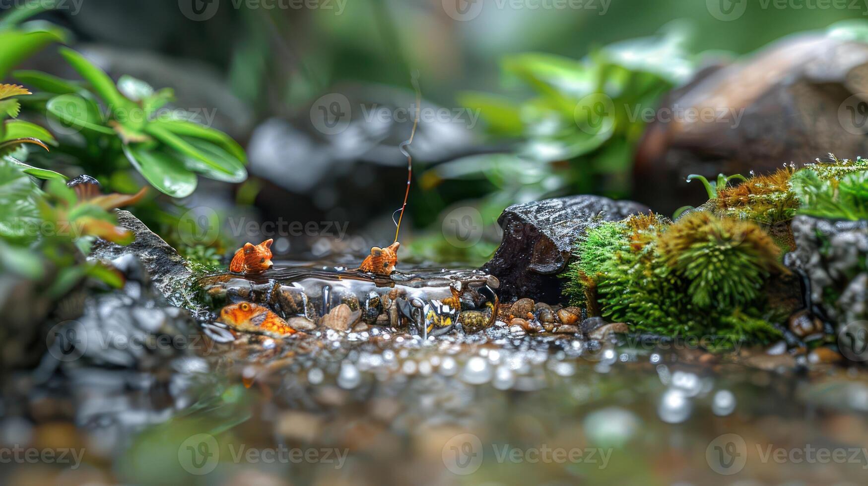 Close-up of a serene water stream surrounded by vibrant green foliage and pebbles photo