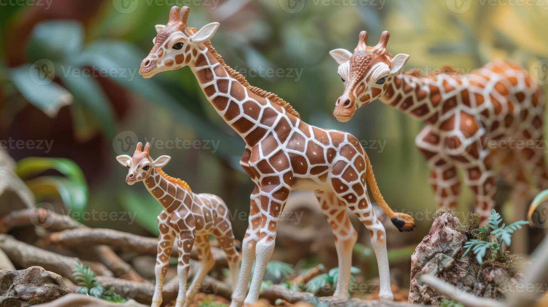 Three intricately designed giraffe figurines amidst lush greenery and natural decor photo