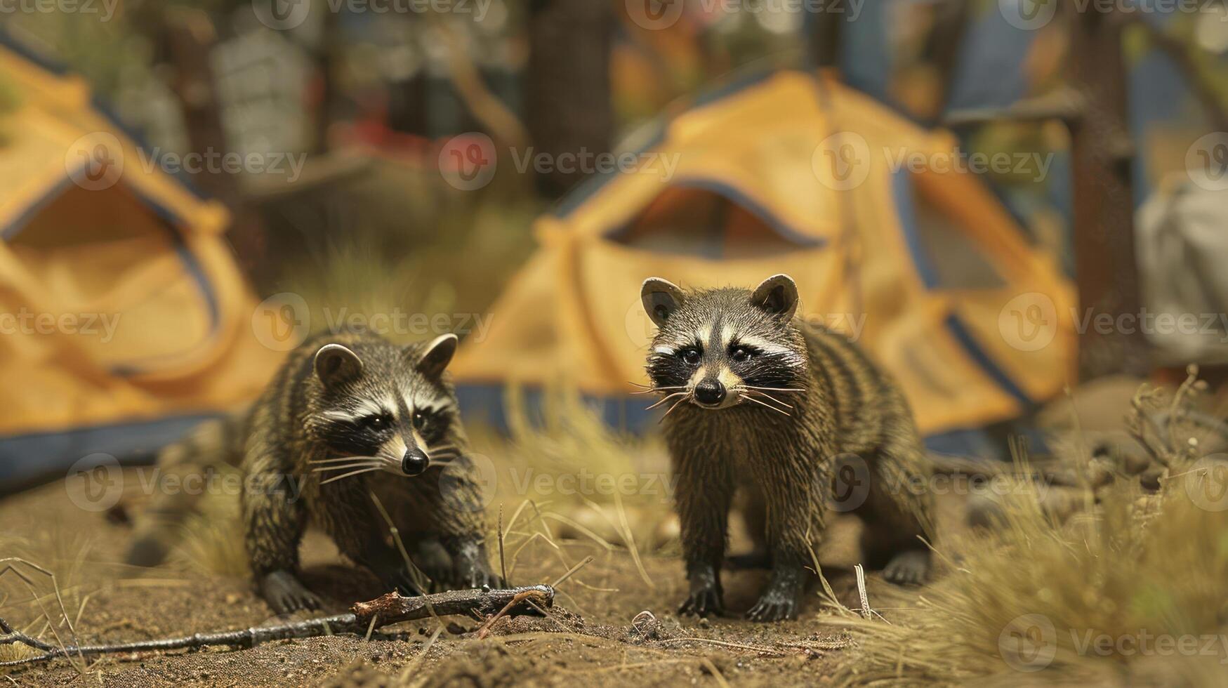 Two raccoons exploring a campsite surrounded by tents and trees in a natural setting photo