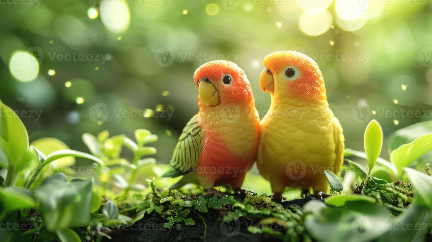 Two colorful parrots perched on a mossy log surrounded by lush greenery and soft sunlight photo