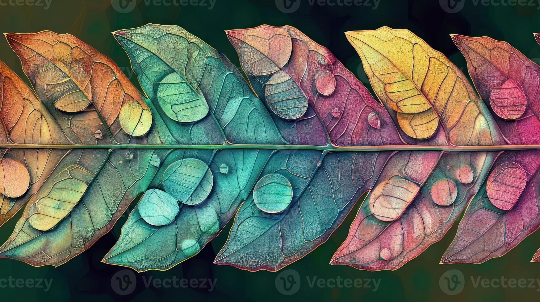 Colorful leaves with water droplets arranged in a vibrant pattern against a blurred background photo