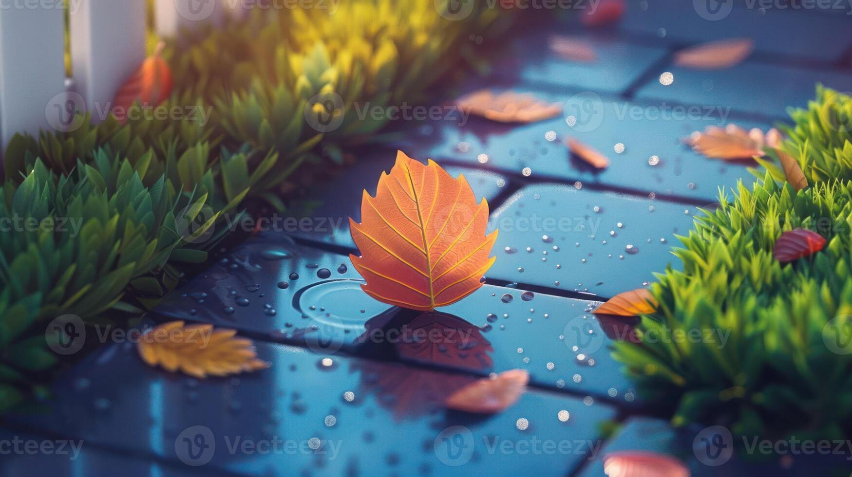 Vibrant autumn leaf resting on a wet cobblestone path surrounded by lush grass and fallen leaves photo