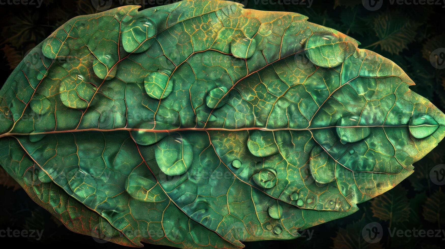 Close-up view of a vibrant green leaf with water droplets, showcasing intricate textures and details photo
