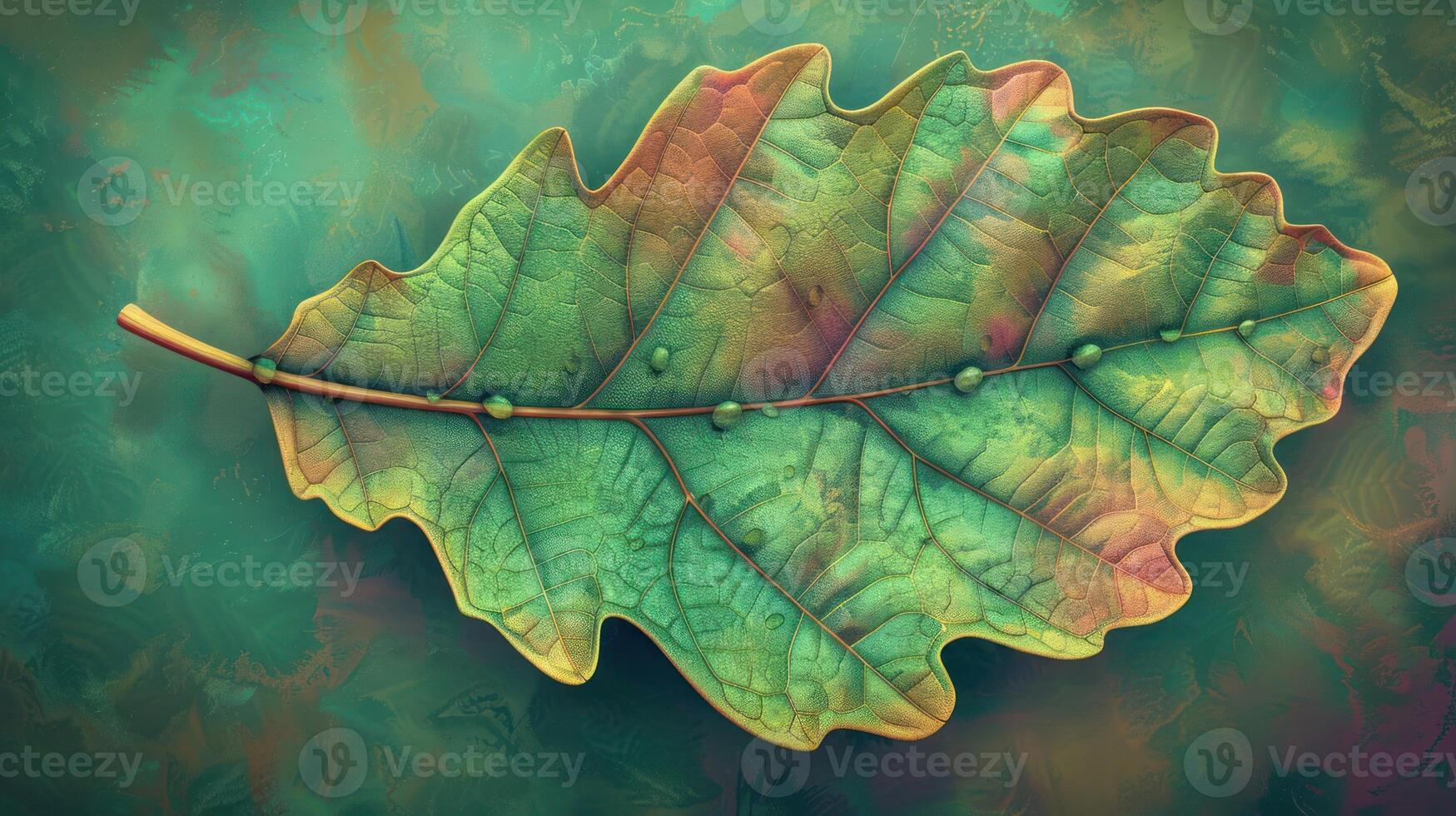 Close-up of a vibrant green oak leaf resting on a textured background, showcasing intricate details photo