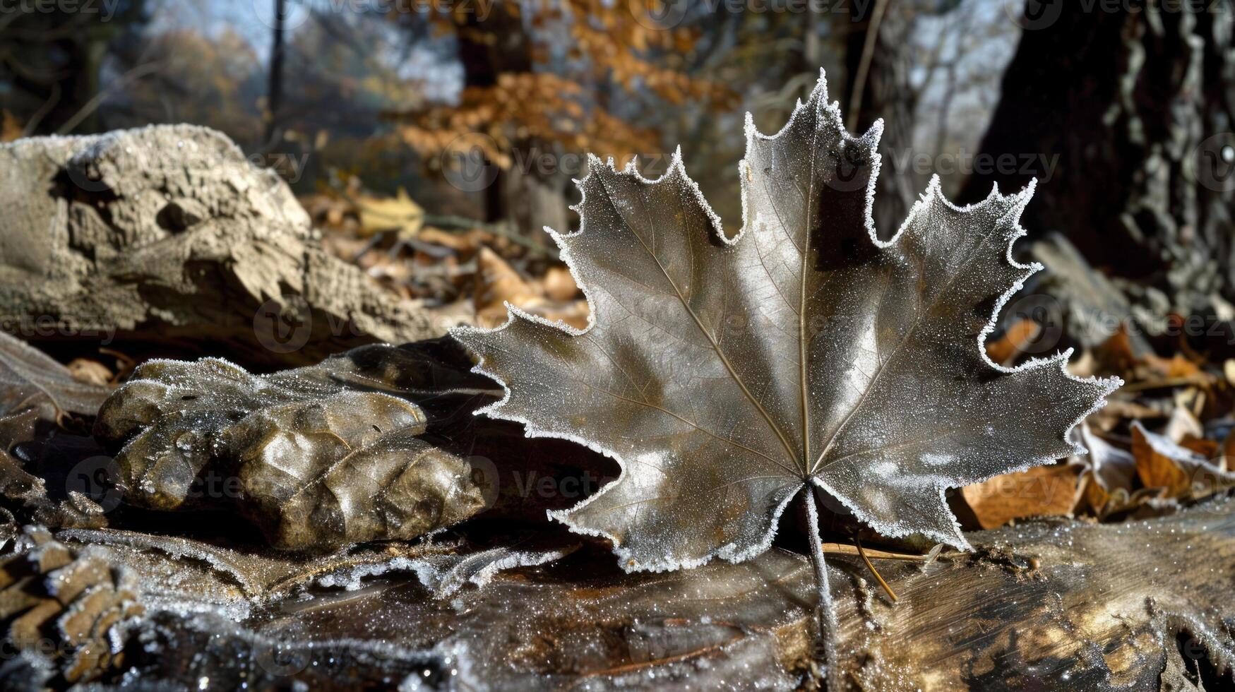 Frost-covered maple leaf resting on a log in a serene forest during autumn, showcasing nature's beauty photo