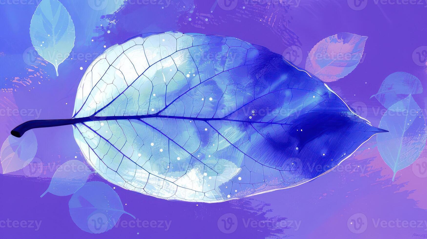 Ethereal blue leaf illustration on a vibrant purple background with subtle leaf patterns photo