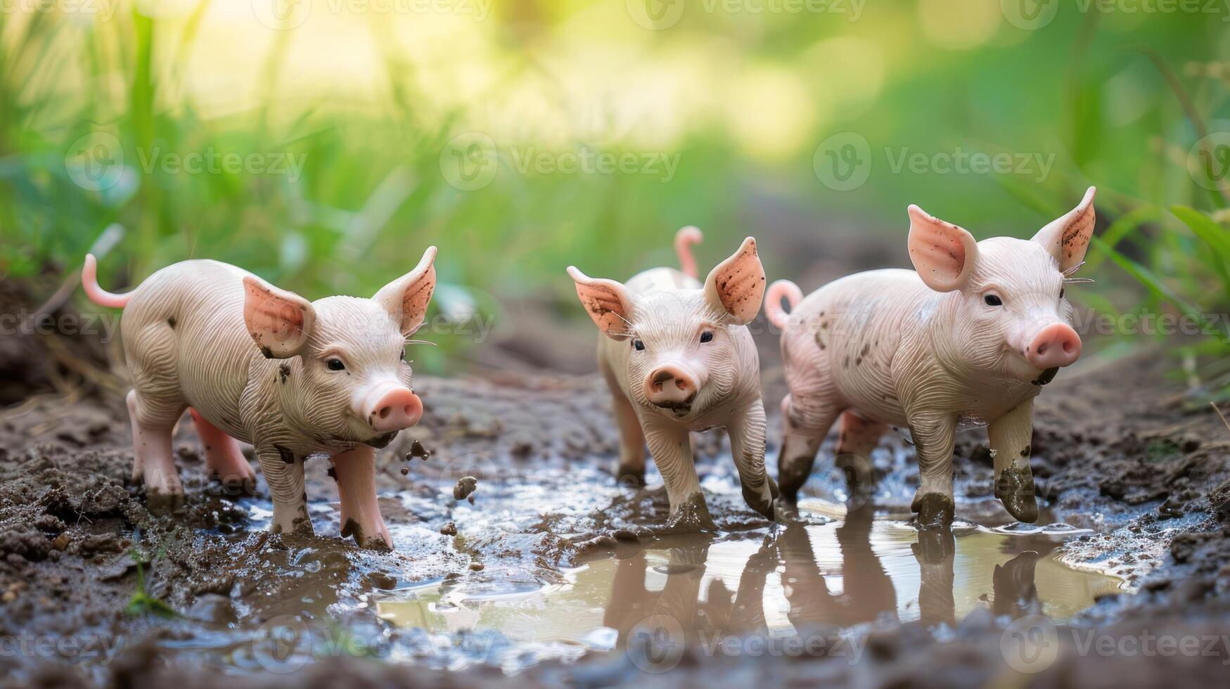 Three playful piglets splashing in muddy puddle under soft sunlight in a lush green field photo