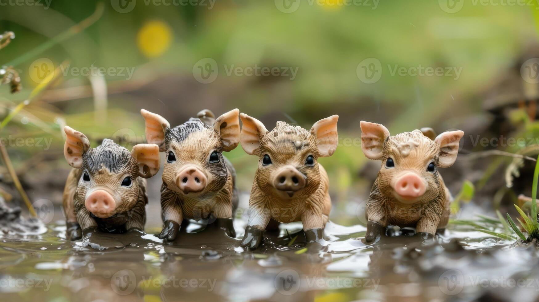 Four adorable piglets playfully splash in a muddy puddle surrounded by greenery photo