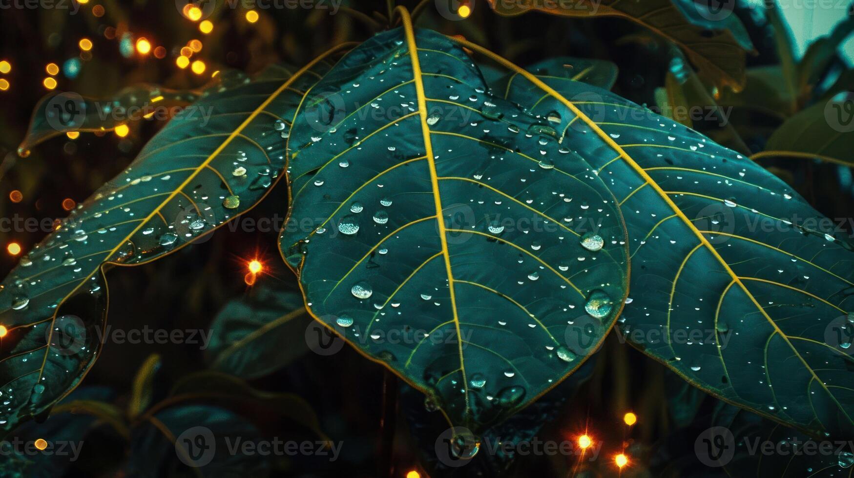 Close-up of lush green leaves with water droplets, surrounded by soft glowing lights in the background photo