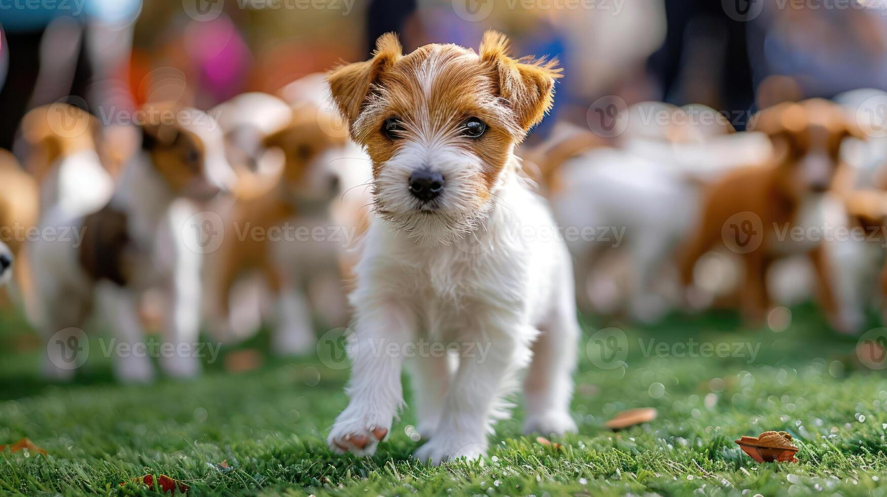 Playful puppies running through a vibrant park filled with autumn leaves and people photo