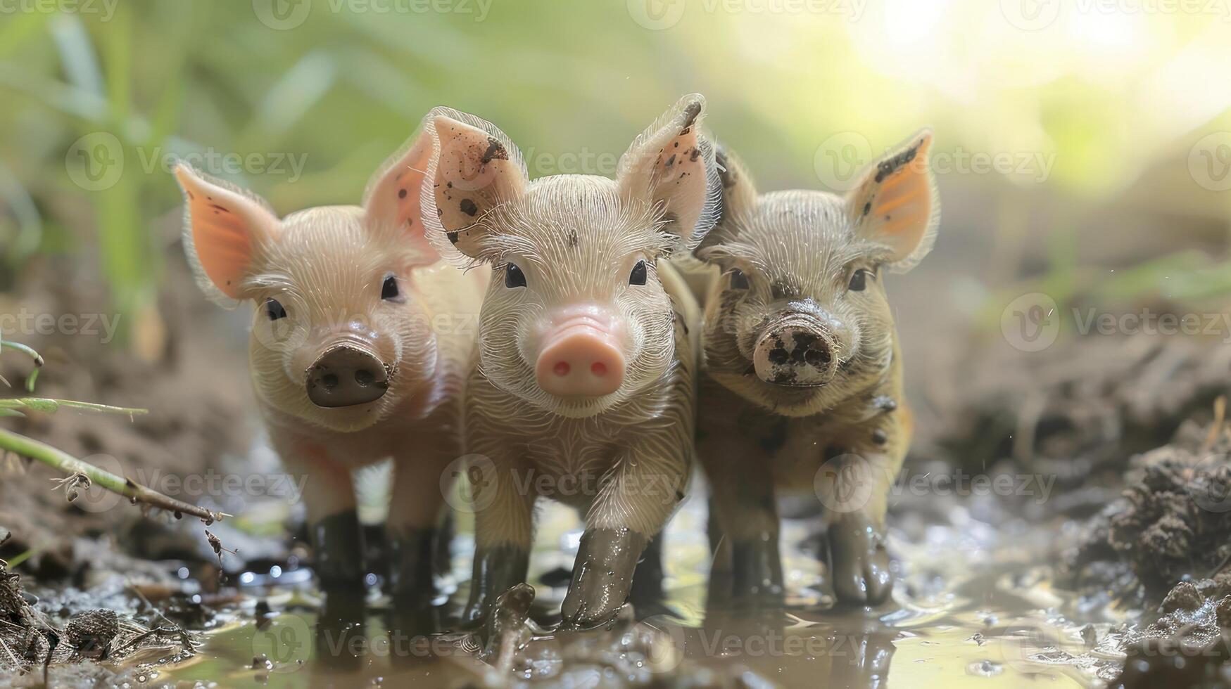 Three adorable piglets playfully wade through a muddy puddle in a lush green setting photo