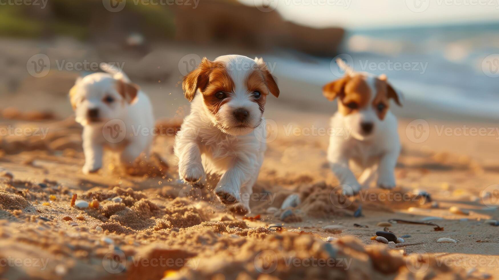 Three playful puppies running joyfully on a sandy beach during a sunny day by the ocean photo