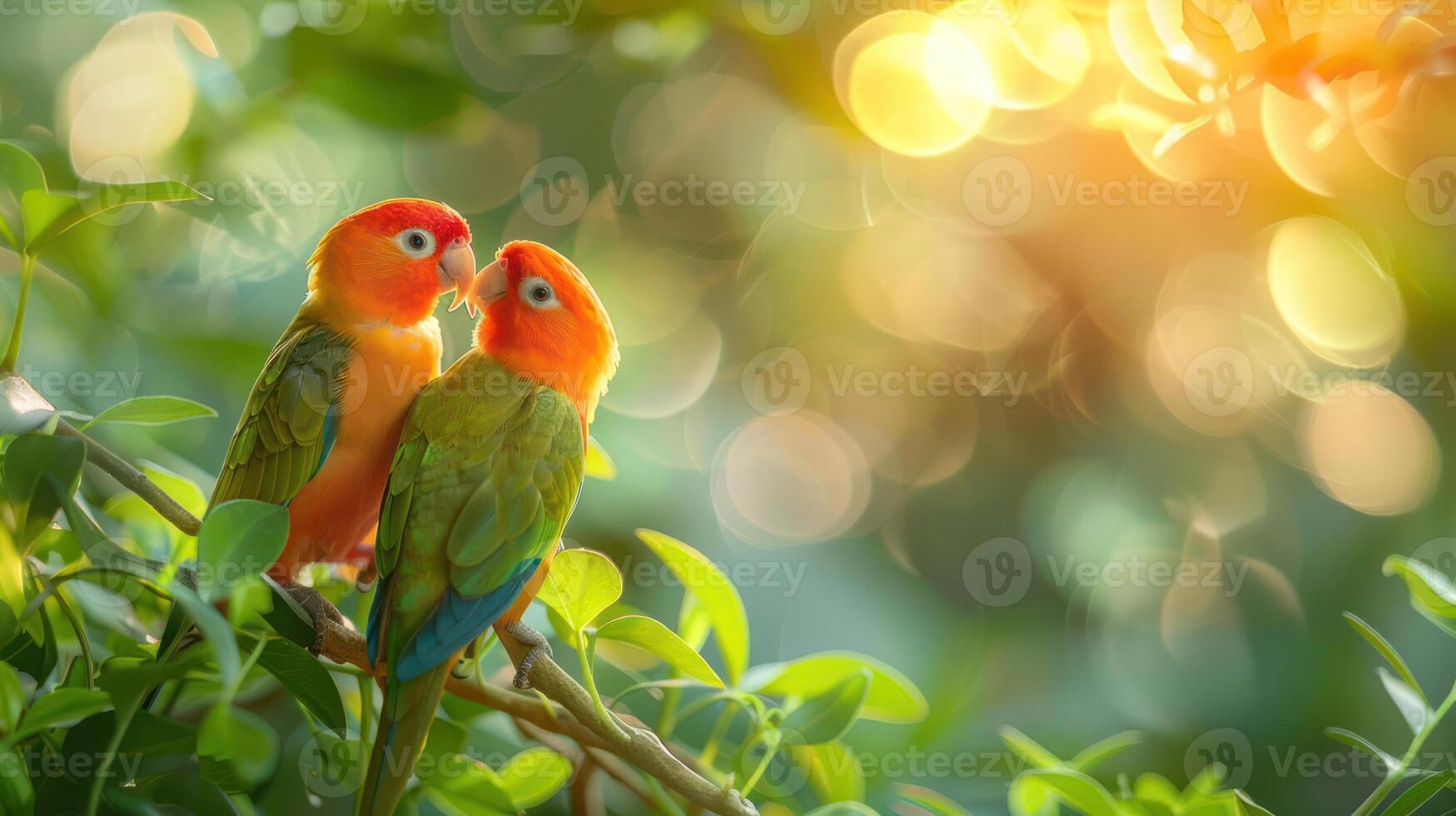 Two vibrant parrots perched closely on a branch amidst lush greenery and soft bokeh lighting photo