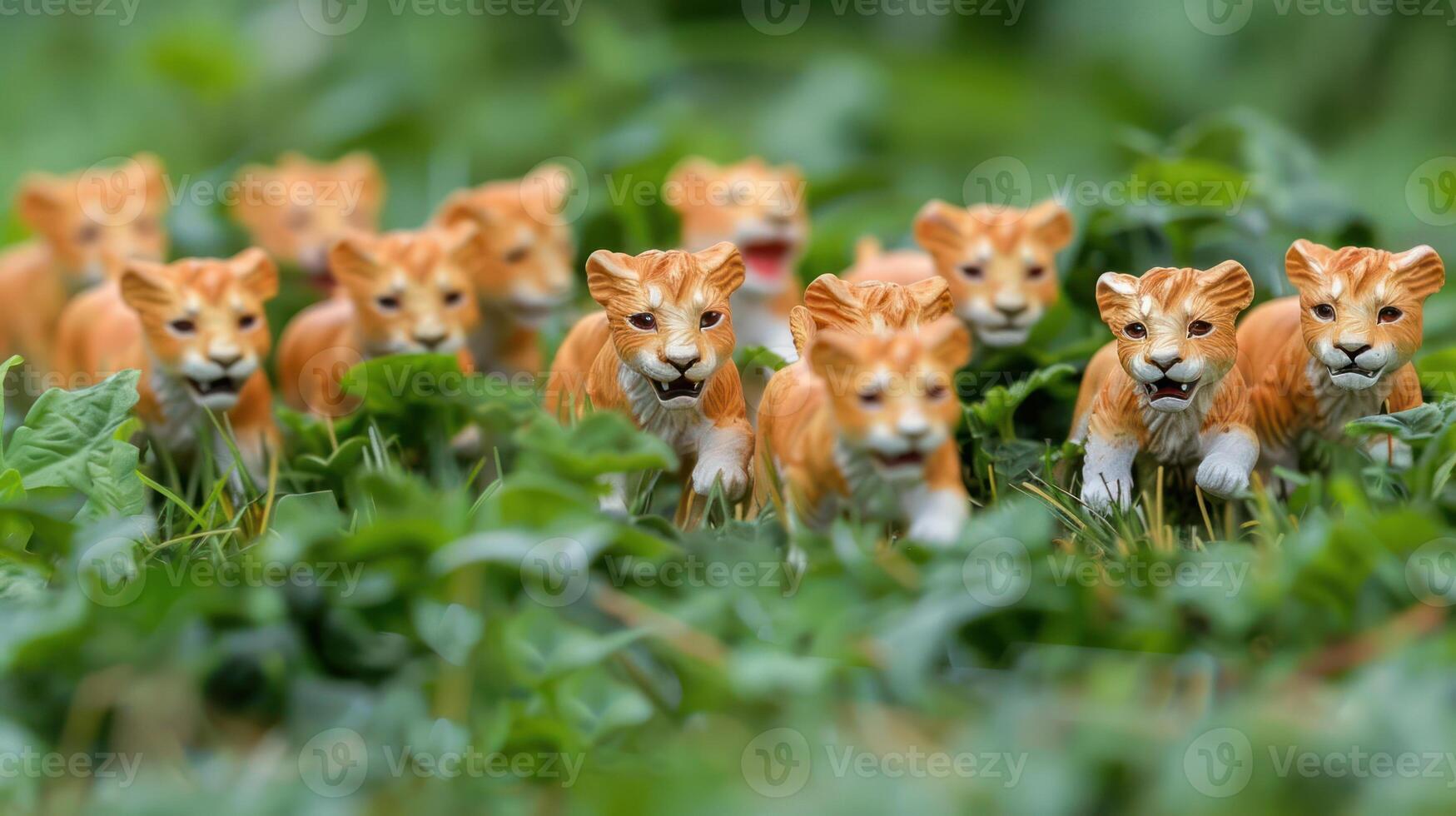 A playful scene featuring a group of toy lions moving through lush green grass in a vibrant outdoor setting, evoking a sense of adventure photo