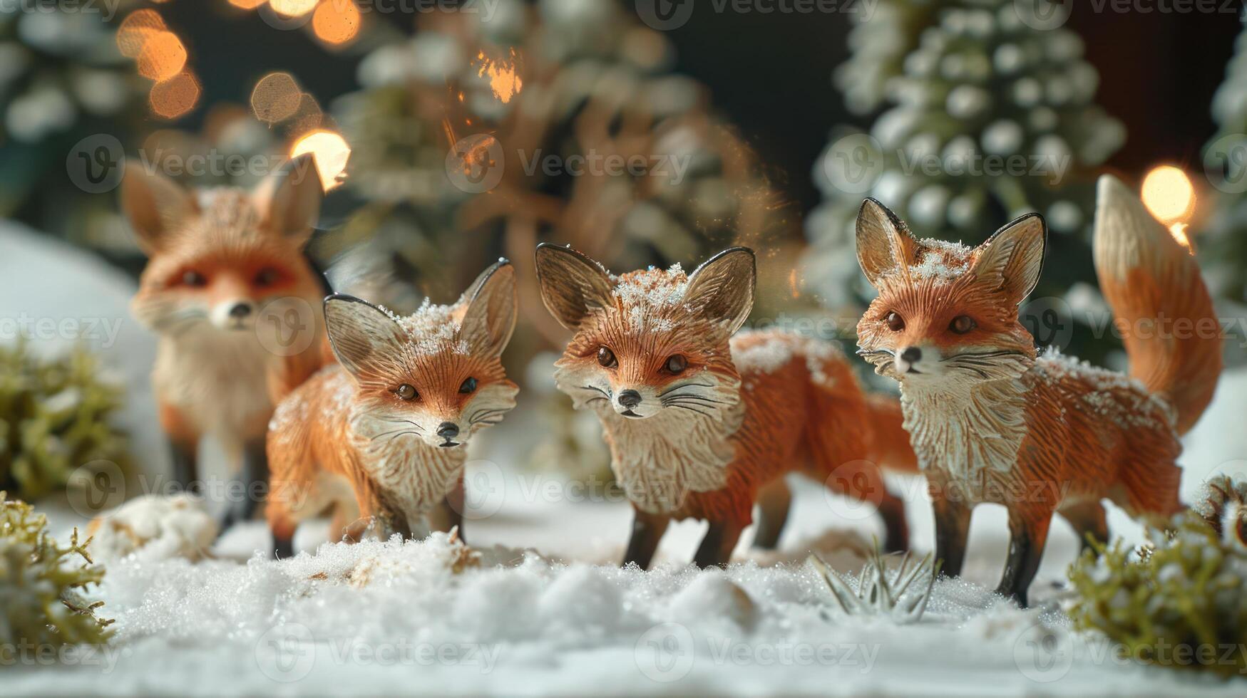 Four intricately detailed fox figurines in a snowy landscape with festive background lights photo