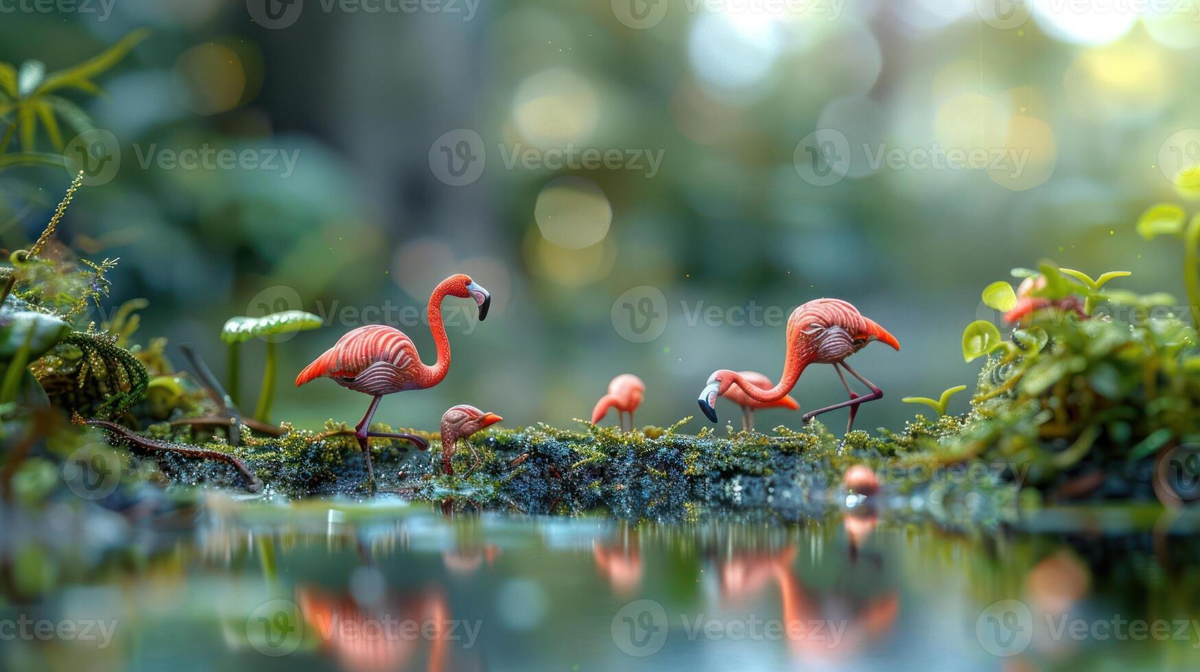 Vibrant flamingos wading through a lush, green wetland with reflections in calm water photo