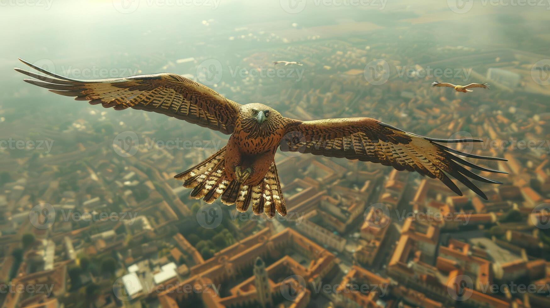 Majestic hawk soaring over a picturesque cityscape with historic architecture and lush greenery photo