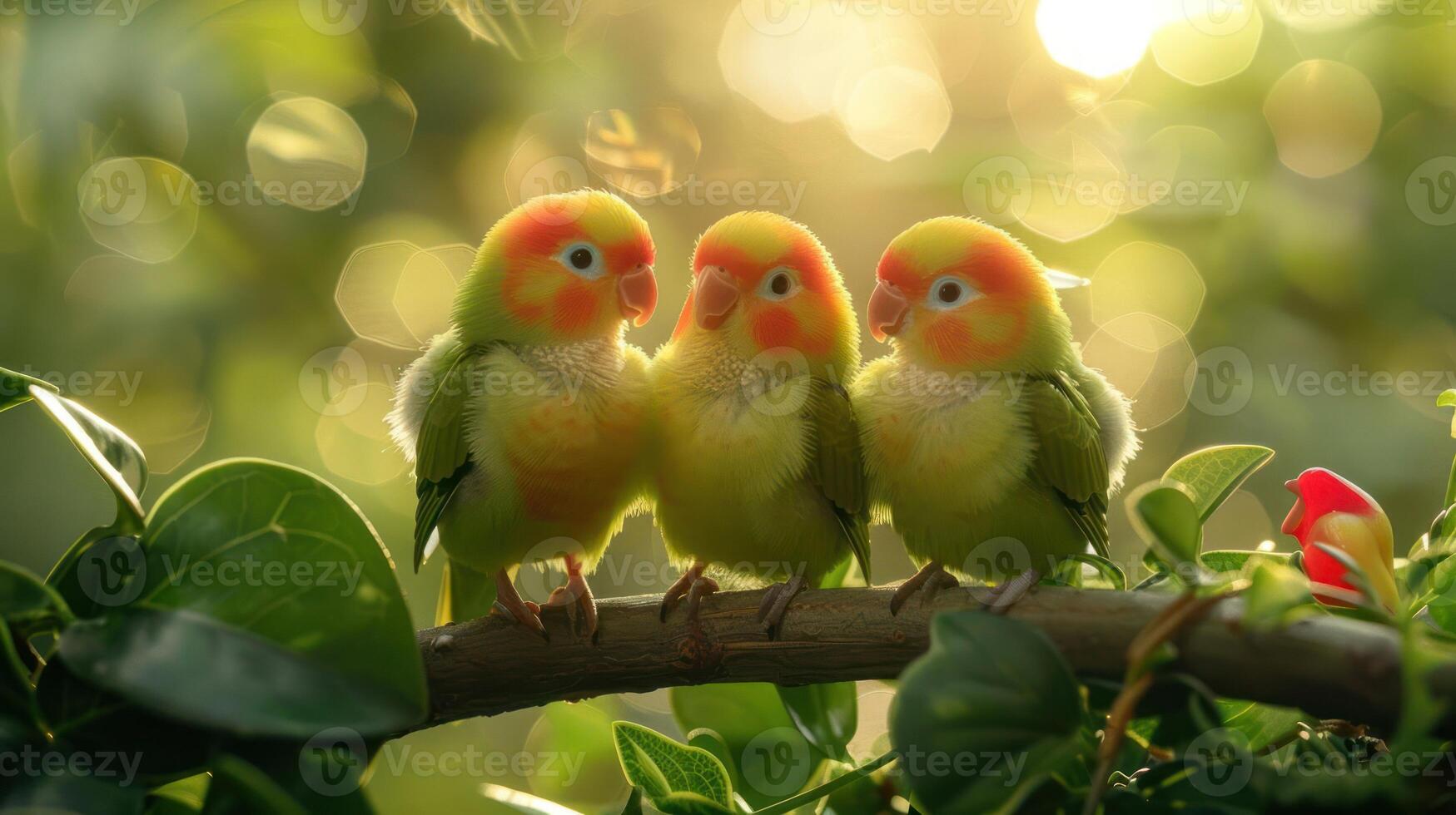 Three vibrant lovebirds perched on a branch amidst lush greenery, basking in golden sunlight photo