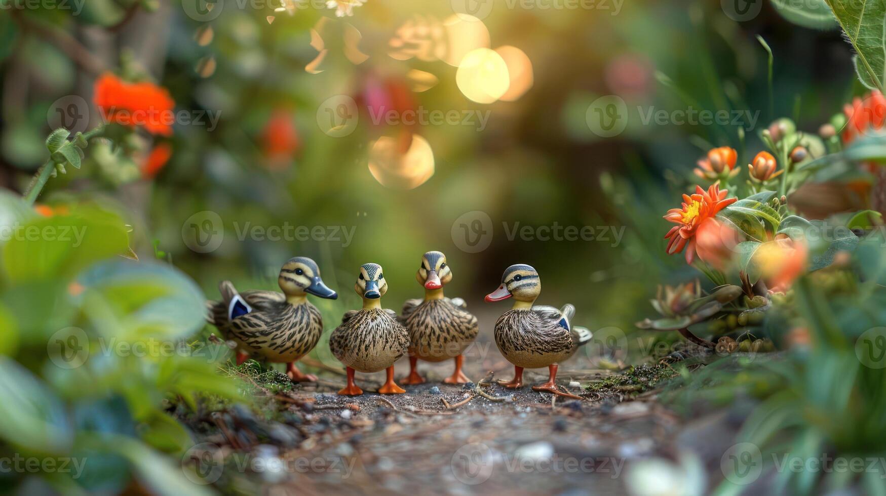 A charming scene of five ducks walking along a flower-lined garden path during sunset photo