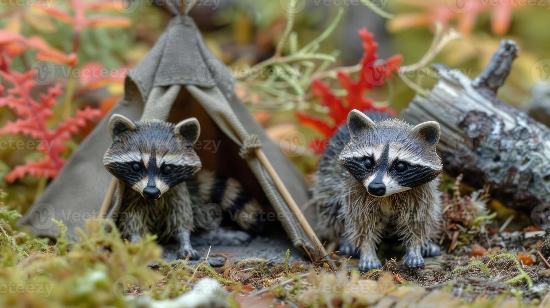 Two raccoon figurines near a tent in a vibrant autumn forest setting with colorful foliage photo
