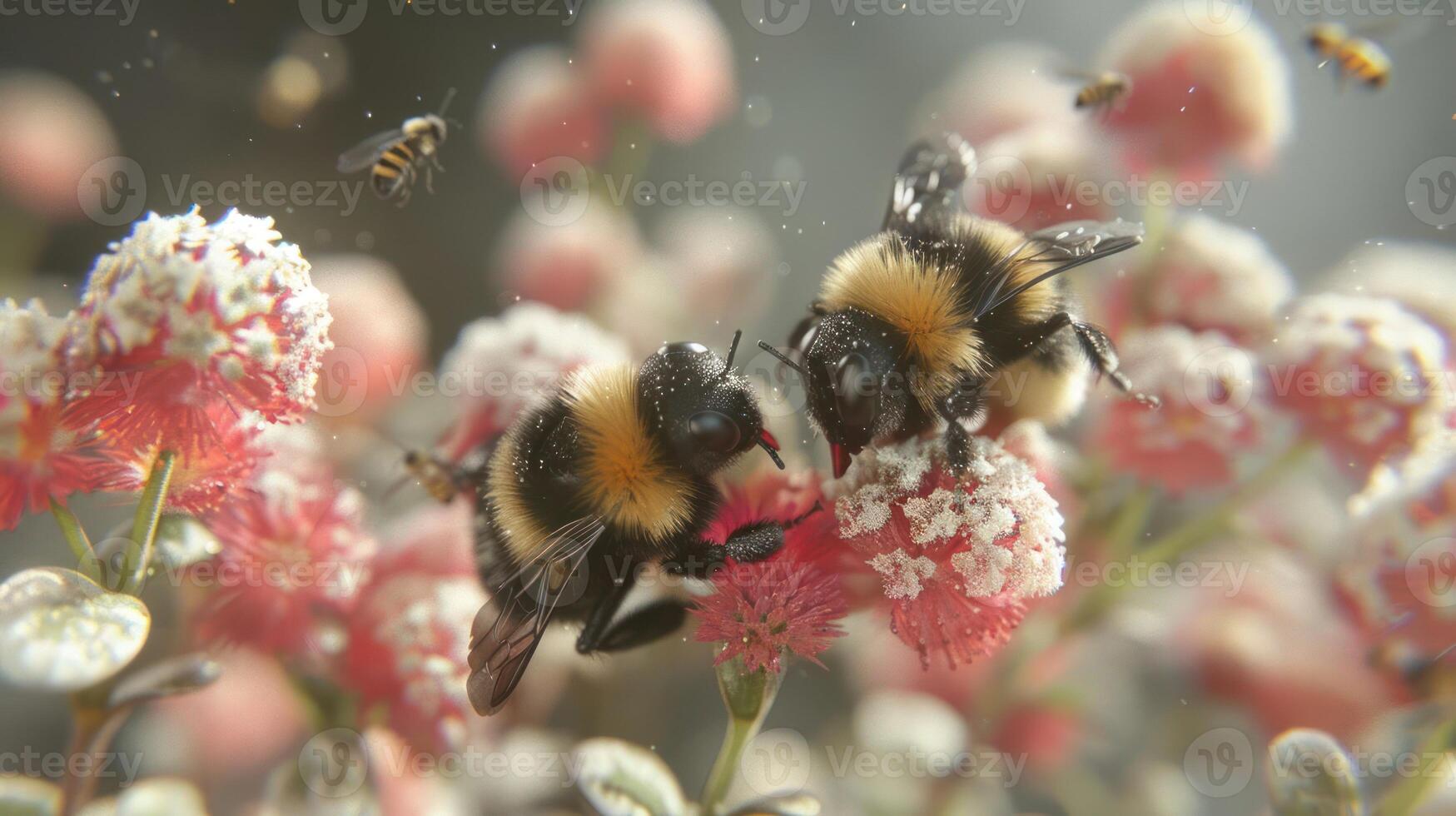 Close-up of two bumblebees pollinating vibrant pink flowers in a sunlit garden photo