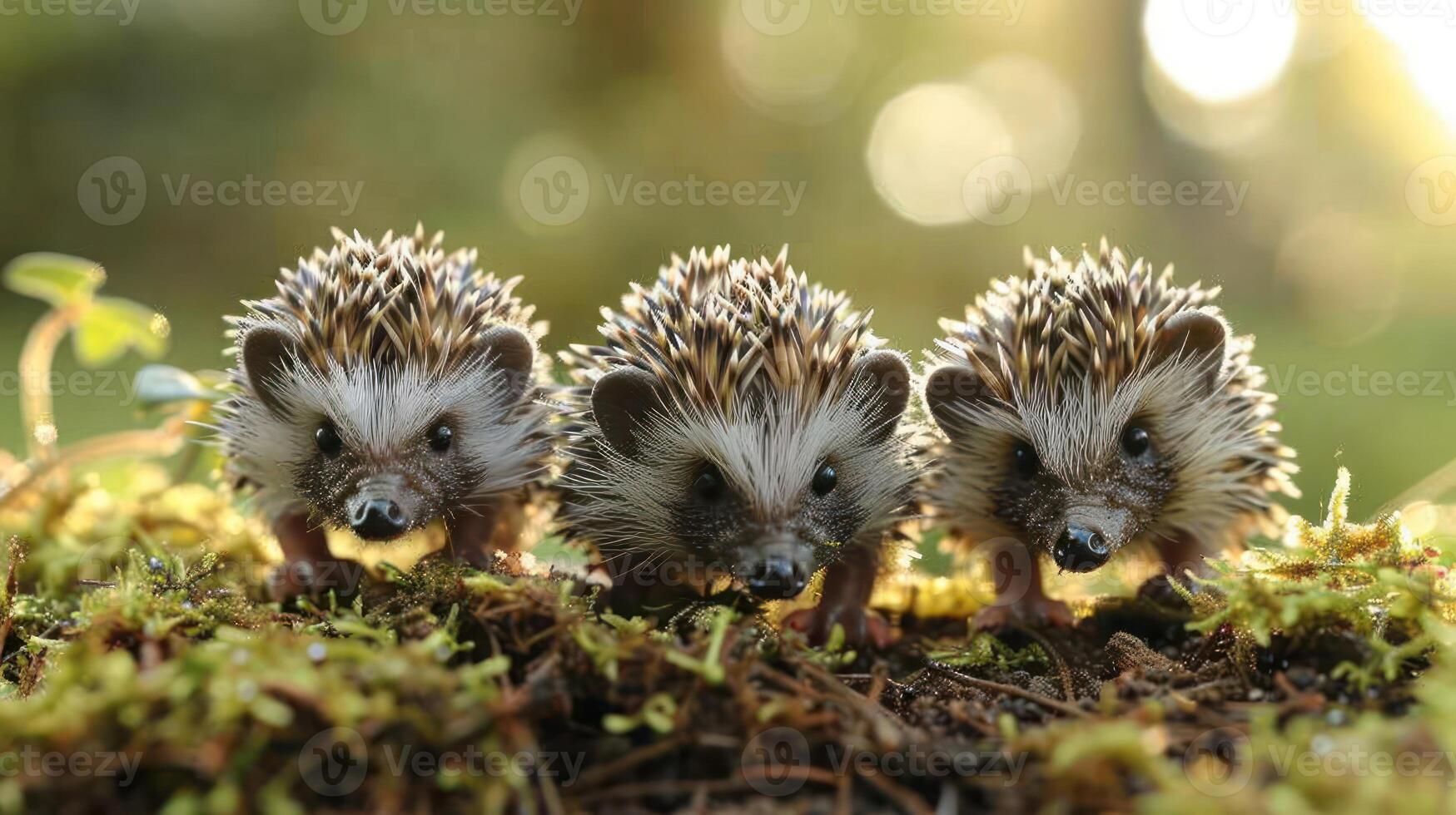 Three adorable hedgehogs exploring a lush forest floor, surrounded by greenery and sunlight photo