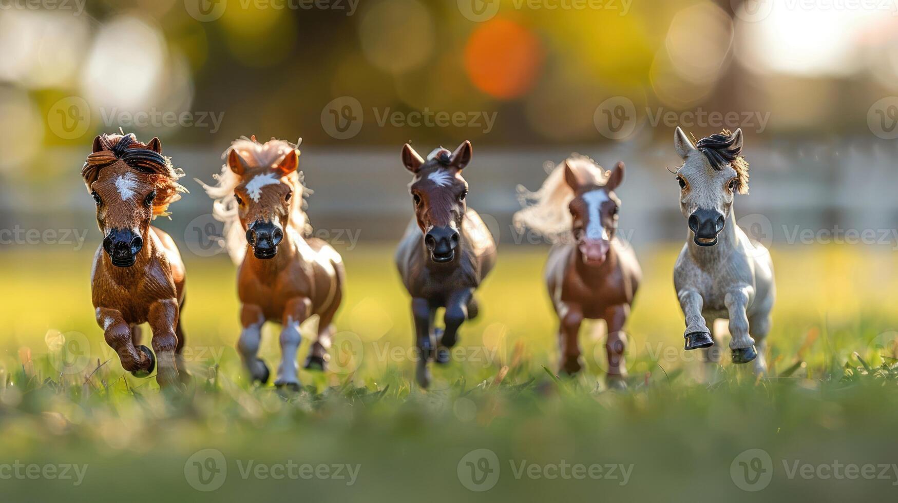 Five toy horses galloping through a grassy field during golden hour, with blurred background photo