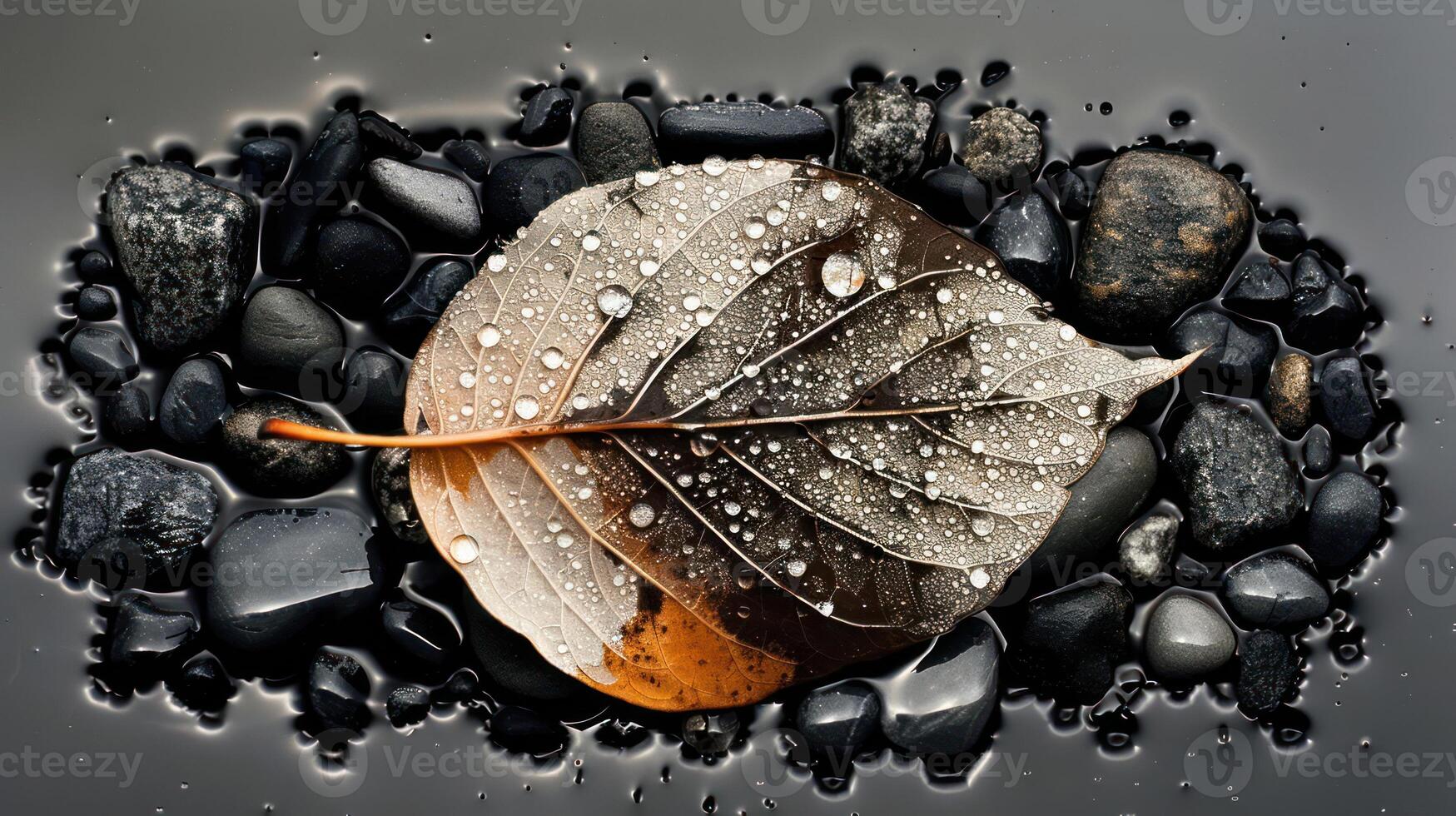 Close-up of a wet leaf resting on smooth black stones with droplets reflecting light photo