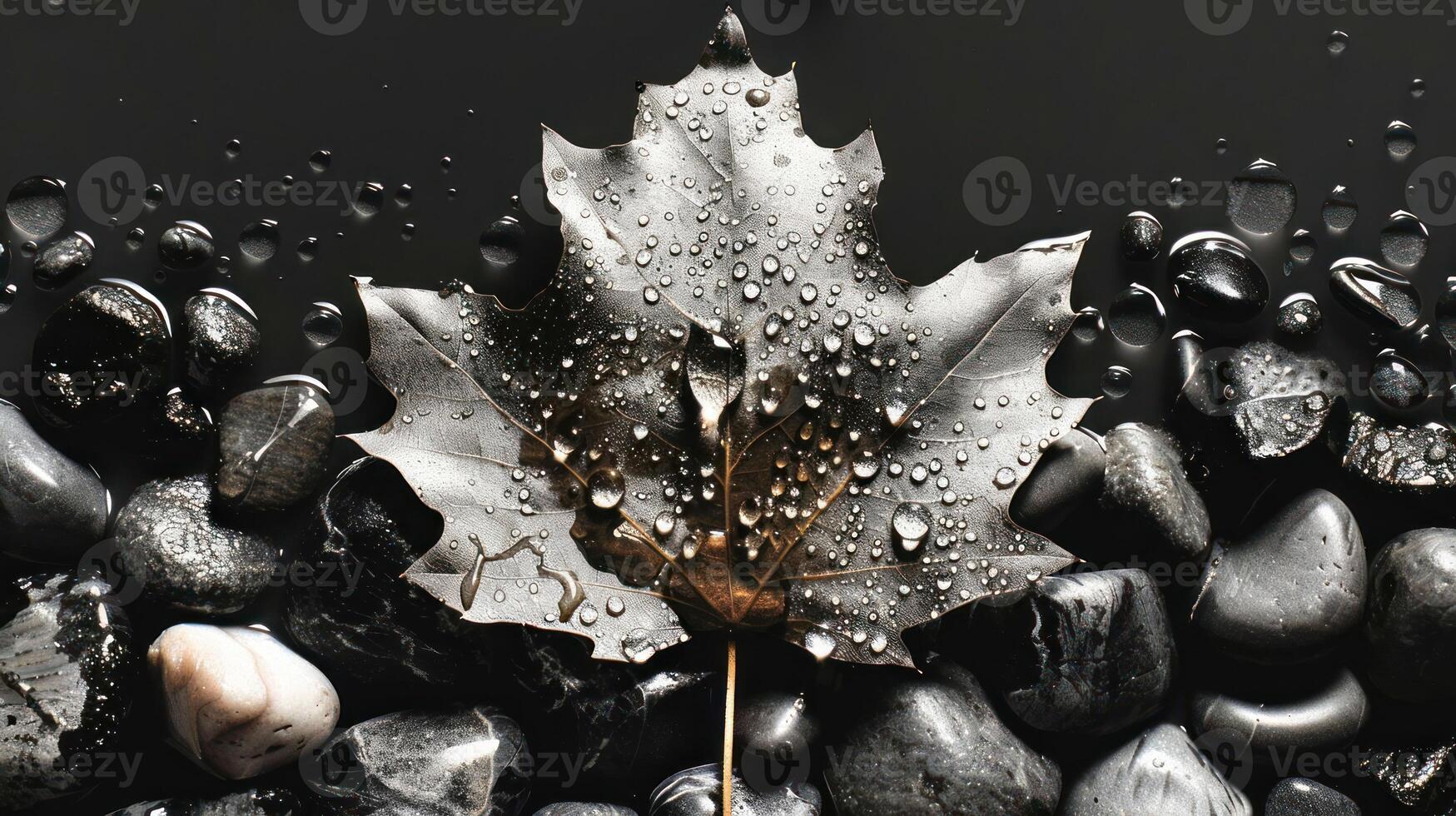 Close-up of a wet autumn leaf resting on smooth black pebbles with water droplets, creating a serene ambiance photo