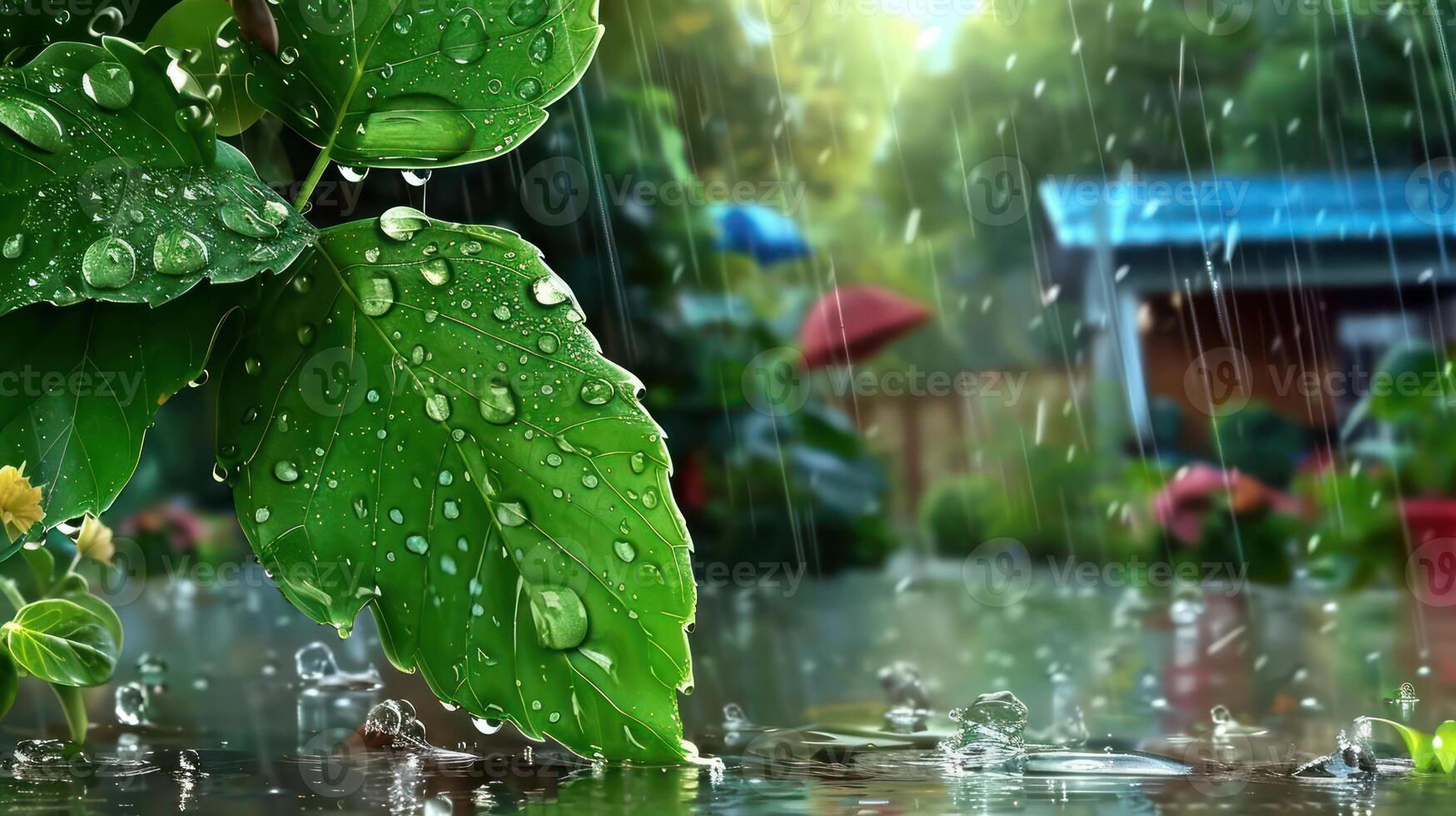 Close-up of raindrops on vibrant green leaves with a blurred garden and colorful umbrellas in background photo