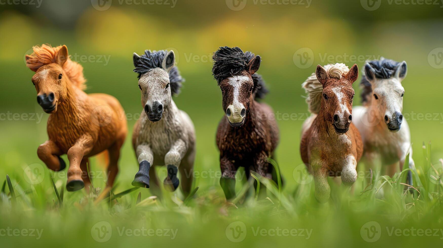 Five toy horses galloping through lush green grass, with a blurred colorful background photo