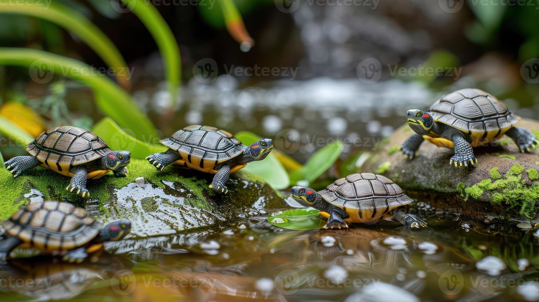 A serene scene featuring toy turtles resting on rocks by a tranquil pond surrounded by lush greenery photo