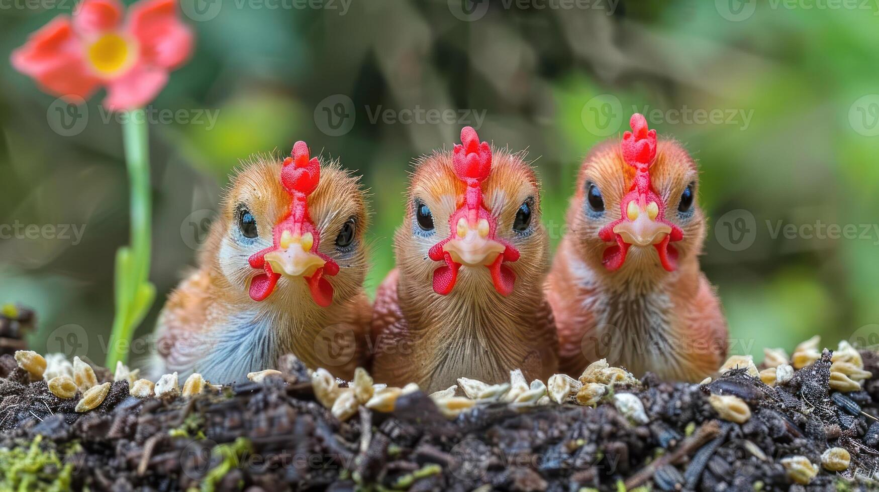 Three colorful chicks with unique features perched on soil, surrounded by nature and greenery photo