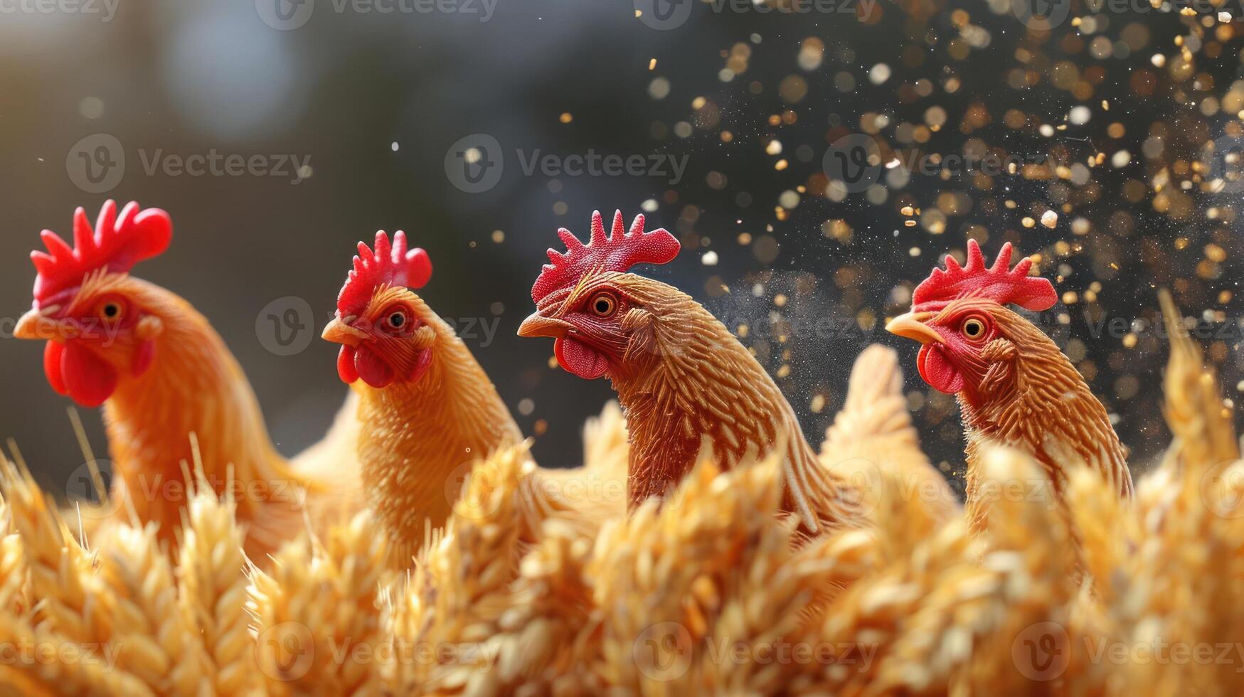 Four colorful toy chickens standing in golden wheat, surrounded by a blurred, vibrant background photo