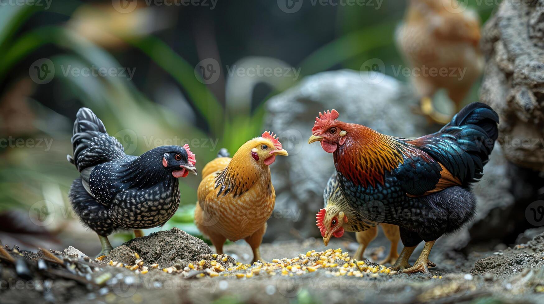 Colorful chickens foraging for food on the ground in a lush garden setting photo